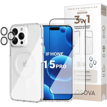 Zestaw 3w1 OSOVA etui do iPhone 15 Pro MagSafe, szkło hartowane na ekran i aparat