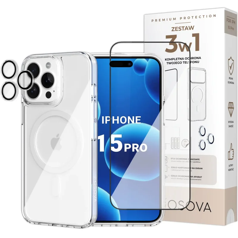 Zestaw 3w1 OSOVA do iPhone 15 Pro z etui MagSafe, szkłem hartowanym na ekran i szkłami na aparat