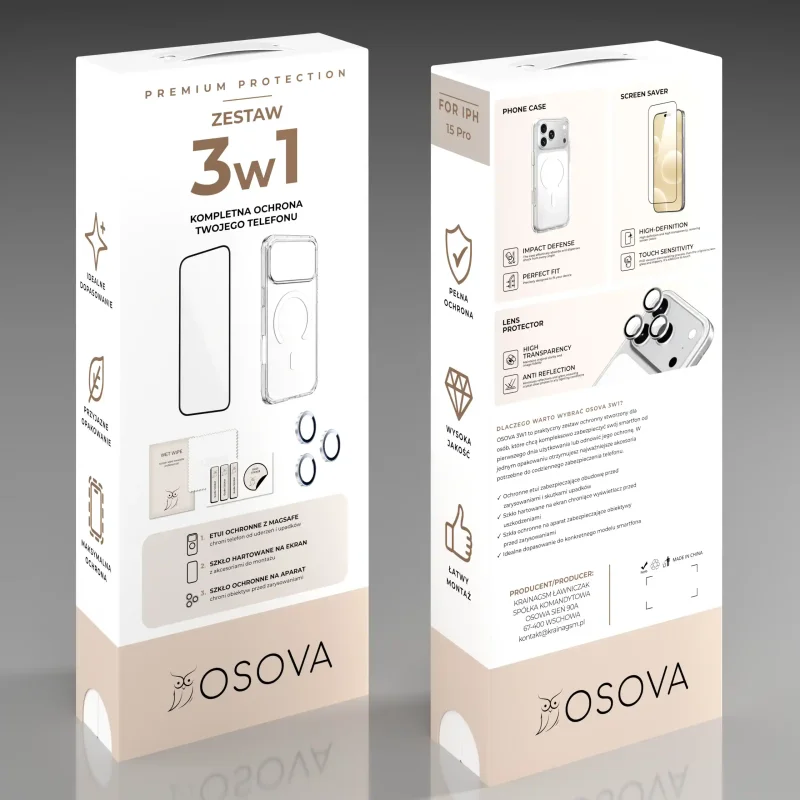 Opakowanie zestawu OSOVA 3w1 do iPhone 15 Pro z etui MagSafe, szkłem na ekran i szkłami na obiektywy