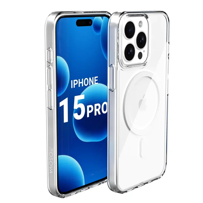 iPhone 15 Pro w przezroczystym etui OSOVA Magnetic Clear z MagSafe i osłoną wyspy aparatów