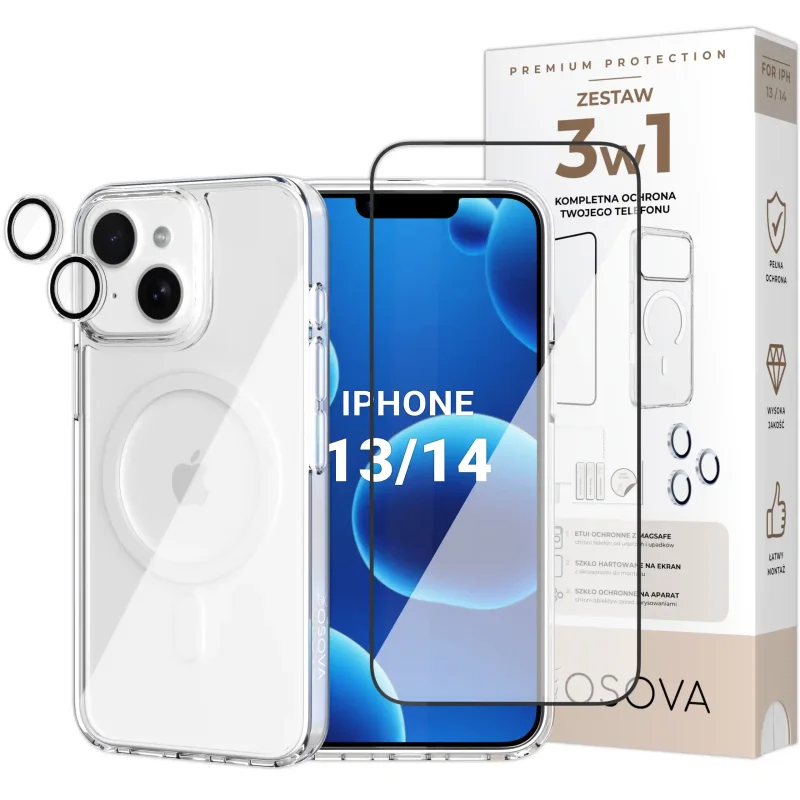 Zestaw 3w1 OSOVA do iPhone 13 / 14 z etui MagSafe, szkłem hartowanym na ekran i szkłami na aparat