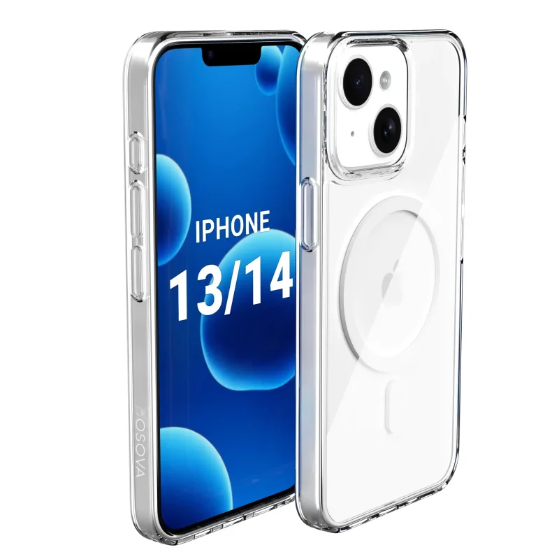 iPhone 13 / 14 w przezroczystym etui OSOVA Magnetic Clear z MagSafe i osłoną wyspy aparatów