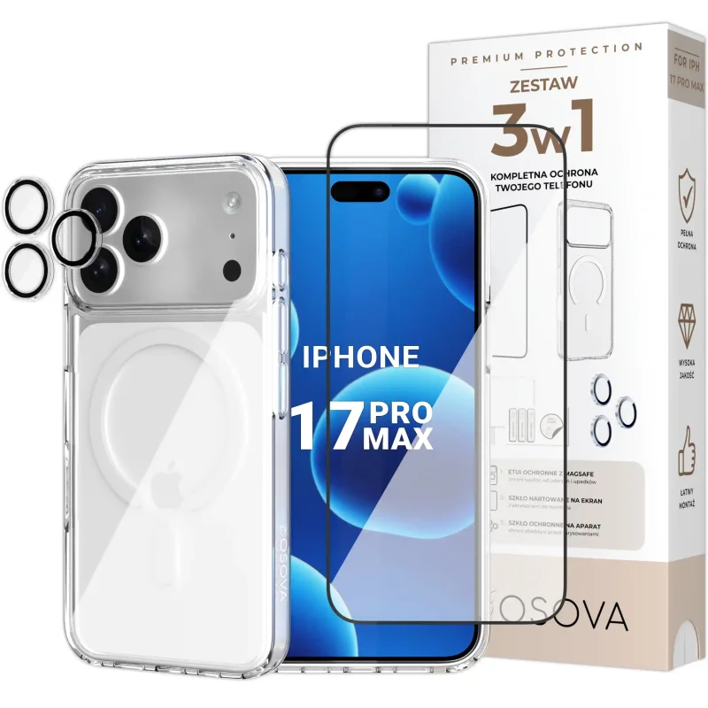 Zestaw 3w1 OSOVA do iPhone 17 Pro Max z etui MagSafe, szkłem hartowanym na ekran i szkłami na aparat