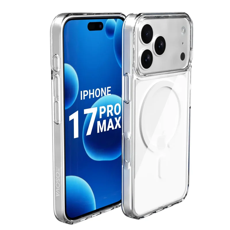 iPhone 17 Pro Max w przezroczystym etui OSOVA Magnetic Clear z MagSafe i osłoną wyspy aparatów