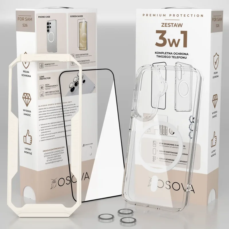 Zestaw OSOVA 3w1 do Samsung Galaxy S26 z aplikatorem, szkłem hartowanym, etui MagSafe i szkłami na aparat