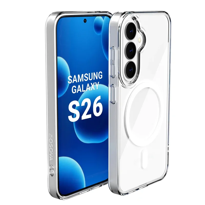 Samsung Galaxy S26 w przezroczystym etui OSOVA Magnetic Clear z MagSafe i osłoną wyspy aparatów