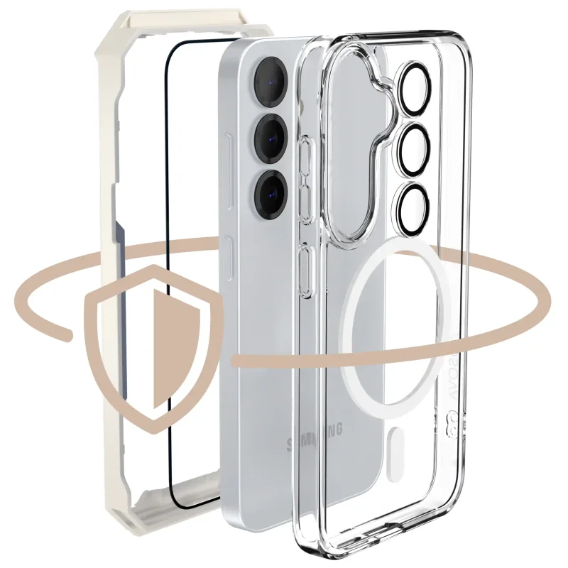 Przezroczyste etui MagSafe OSOVA do Samsung Galaxy S25 oraz szkło hartowane i ochrona obiektywów