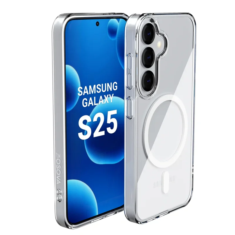 Samsung Galaxy S25 w przezroczystym etui OSOVA Magnetic Clear z MagSafe i osłoną wyspy aparatów