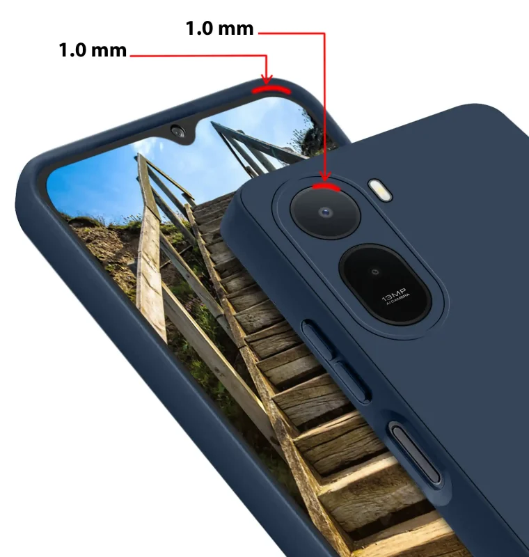 Granatowe etui do Xiaomi Redmi A7 Pro z podwyższonym rantem 1 mm przy ekranie i wyspie aparatów