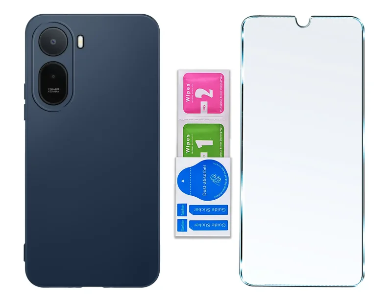 Matowe, granatowe etui silikonowe do Xiaomi Redmi A7 Pro ze szkłem hartowanym i zestawem montażowym