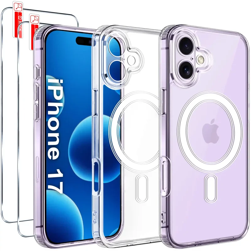Etui do iPhone 17 bezbarwne Magsafe z dwoma szkłami