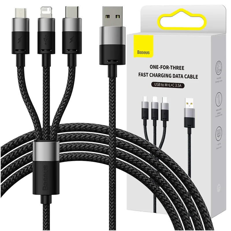 Kabel Baseus StarSpeed 3w1 USB-A do Lightning USB-C Micro USB 1,2 m z opakowaniem