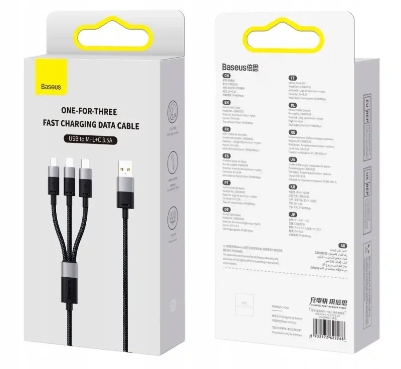 Opakowanie kabla Baseus StarSpeed 3w1 USB-A do Lightning USB-C Micro USB 3,5 A