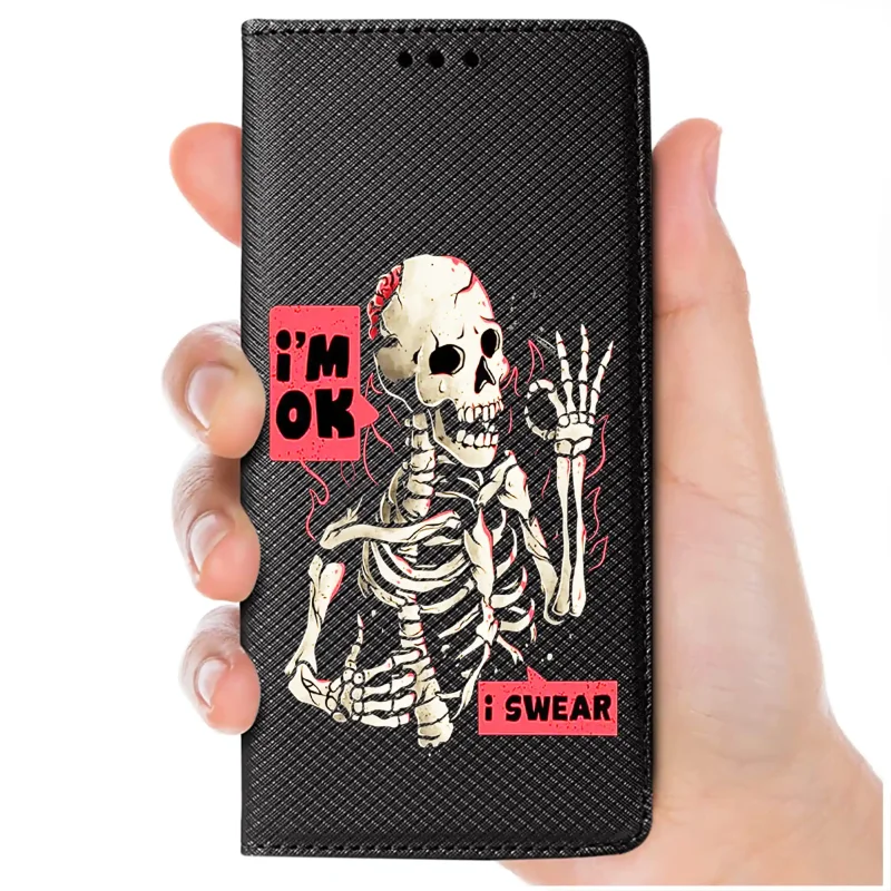 Etui zamykane do Realme 16 5G ze śmiesznym wzorem szkieletu, trzymane w dłoni, wyrazisty nadruk