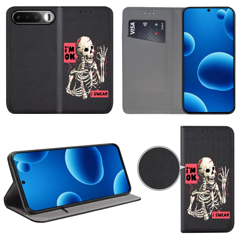 Etui książkowe do Realme 16 5G z nadrukiem szkieletu, widok przodu i tyłu, kieszonka na kartę oraz funkcja podstawki