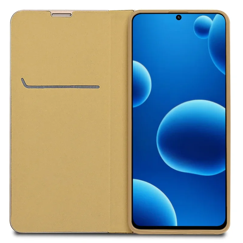 Wnętrze złotego pokrowca z klapką na Samsung Galaxy A36 5G, kieszonka na karty i banknoty - eleganckie etui portfelowe