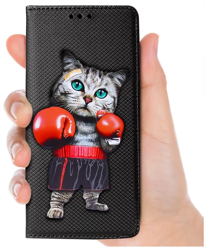 Etui zamykane do Realme 16 5G z motywem kota, trzymane w dłoni, wyrazisty nadruk