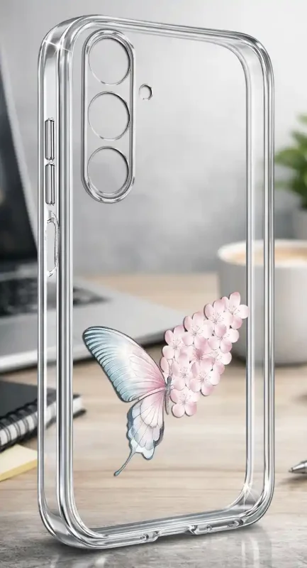 Etui do Samsung Galaxy A27 5G z delikatnym motywem jasnego motyla na tle różowych kwiatów