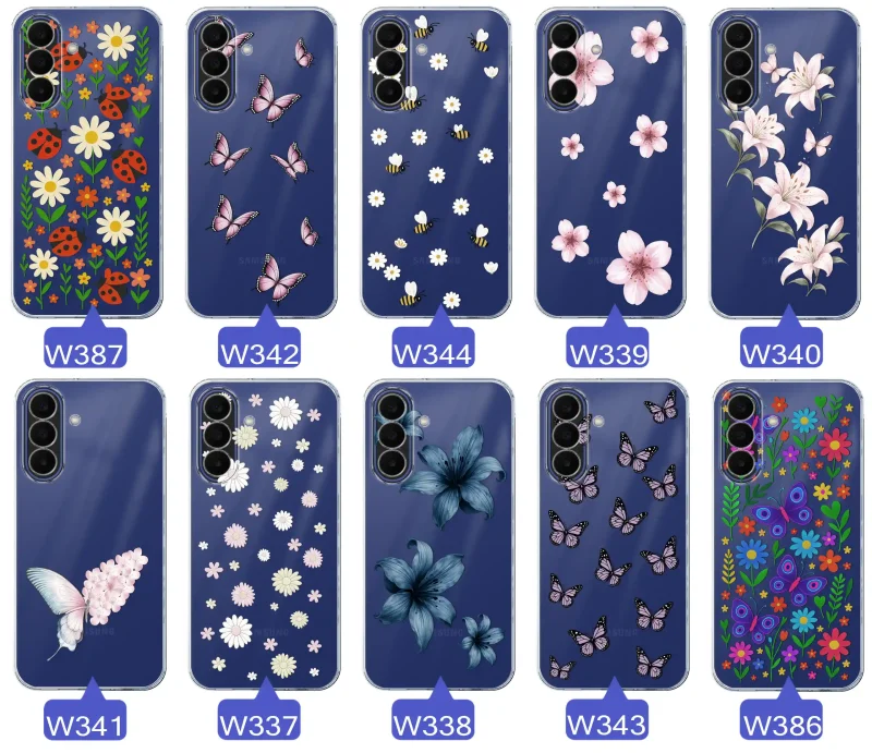 Kolekcja etui wiosennych Samsung Galaxy A27 5G: różnorodne wzory kwiatki, motylki, pszczółki, biedronki na przezroczystym case