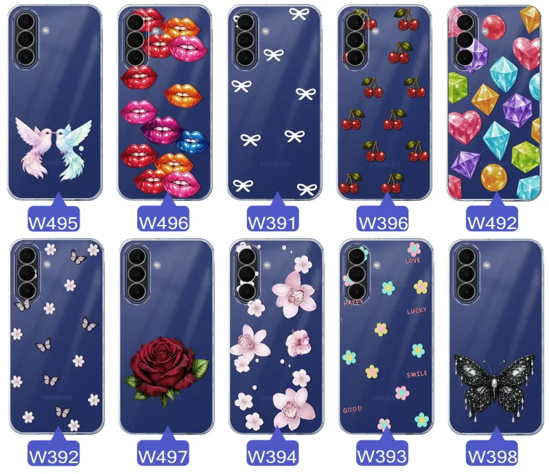 Różne kolorowe stylowe wzory na etui do Samsung Galaxy A27 5G: kwiaty, wiśnie, ptaszki, usta, kokardy