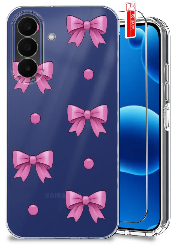 Przezroczyste etui modne do Samsung Galaxy A27 5G z różowymi kokardkami i kropkami oraz szkłem hartowanym 9H w zestawie