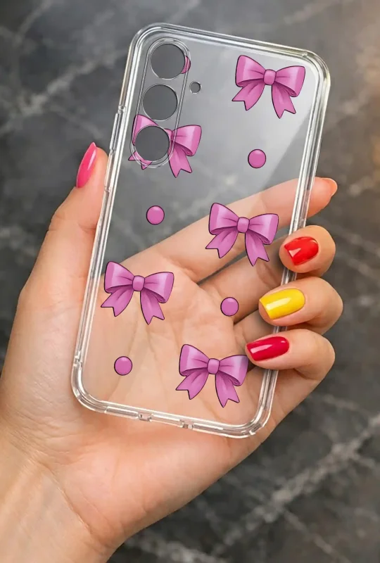 Przezroczyste etui do Samsung Galaxy A27 5G z różowymi kokardkami i drobnymi kropkami, trzymane w dłoni