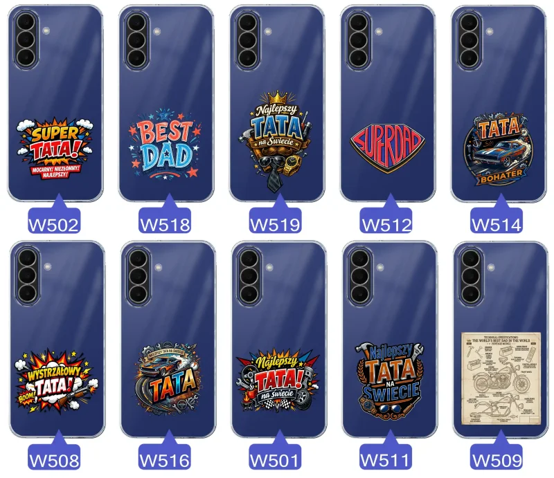 Różne wzory przezroczystych etui dla Taty do Samsung Galaxy A27 5G z kolorowymi nadrukami i motywami na Dzień Ojca i nie tylko