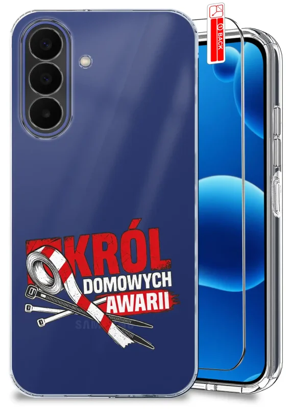 Przezroczyste etui dla Taty do Samsung Galaxy A27 5G z napisem Król domowych awarii oraz szkłem hartowanym 9H w zestawie