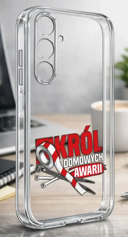 Etui do Samsung Galaxy A27 5G z nadrukiem Król domowych awarii, taśmą naprawczą i opaskami zaciskowymi