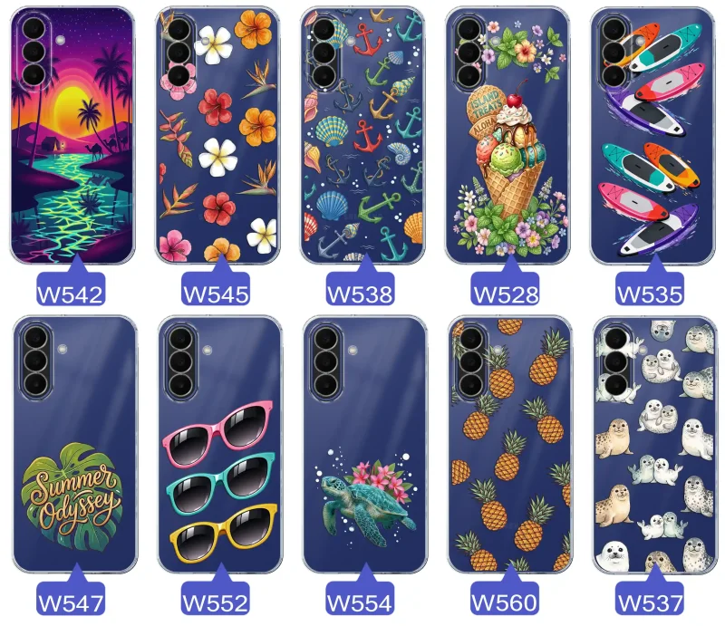 Kolekcja wakacyjnych wzorów etui do Samsung Galaxy A27 5G: palmy, kwiaty, kotwice, lody, deski surfingowe, ananasy i foki