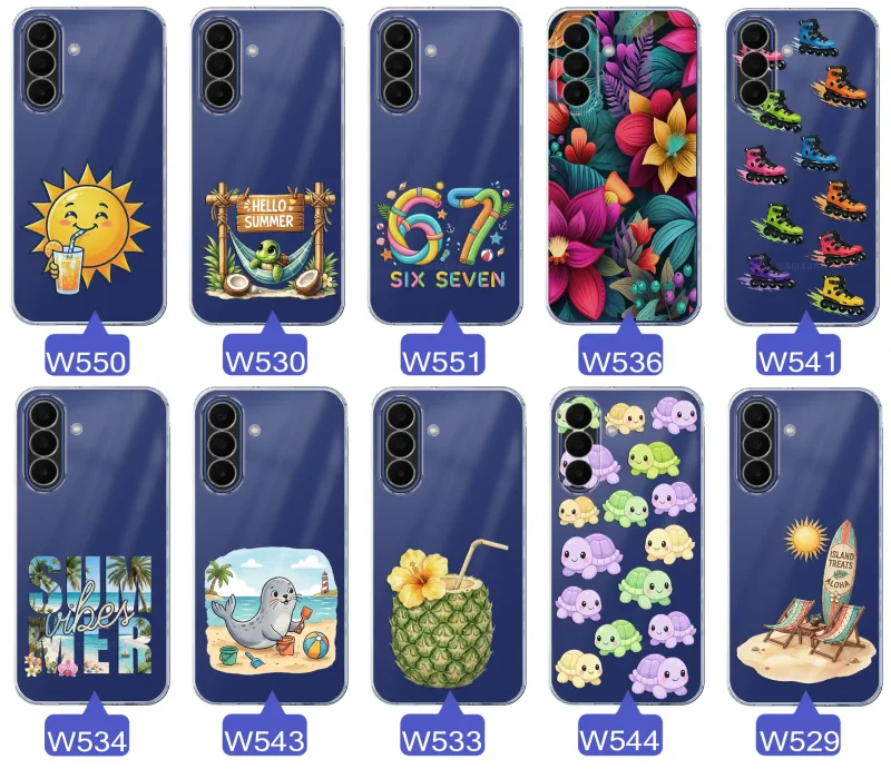 Kolekcja letnich wzorów etui do Samsung Galaxy A27 5G z motywami słońca, żółwia, six seven, tropikalnych kwiatów, rolek, plaży i kokosa