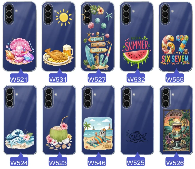 Różne wzory etui wakacyjnych do Samsung Galaxy A27 5G z grafikami muszelek, ryby, plaży, arbuza, lodów, foki, kokosa i tropikalnego drinka