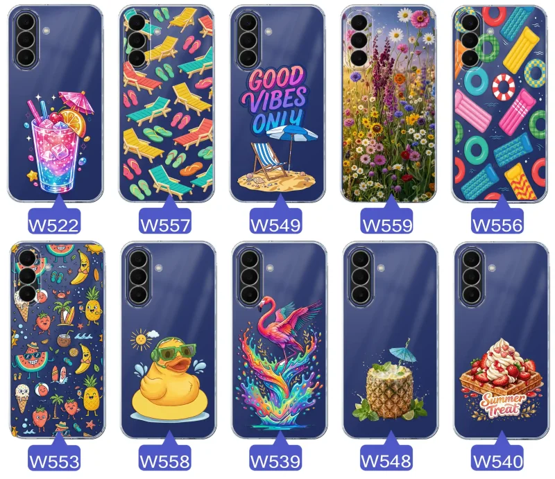 Zestaw przezroczystych etui do Samsung Galaxy A27 5G z wakacyjnymi motywami drinka, leżaków, napisu good vibes, kwiatów, flaminga, ananasa i deseru