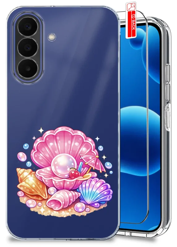 Przezroczyste etui wakacyjne do Samsung Galaxy A27 5G z motywem różowych muszli, pereł i plażowego drinka oraz szkłem hartowanym 9H w zestawie
