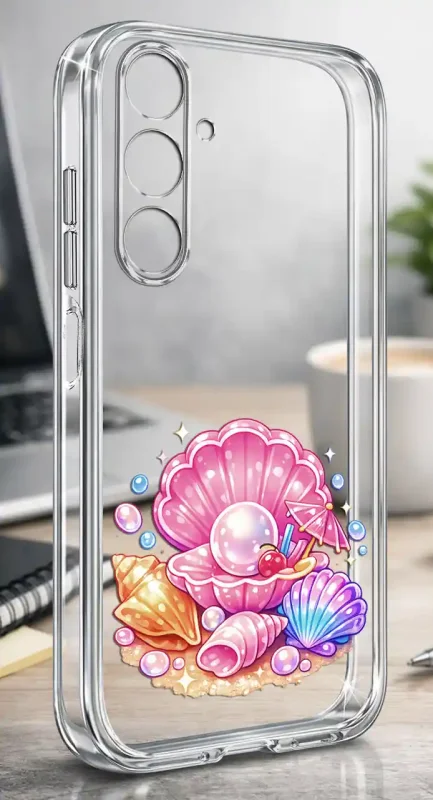 Etui do Samsung Galaxy A27 5G z kolorowymi muszlami, perłami i wakacyjnymi detalami na przezroczystym tle
