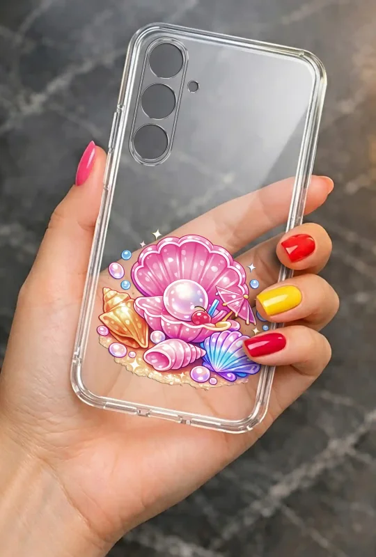 Przezroczyste etui do Samsung Galaxy A27 5G z motywem muszli i pereł, trzymane w dłoni