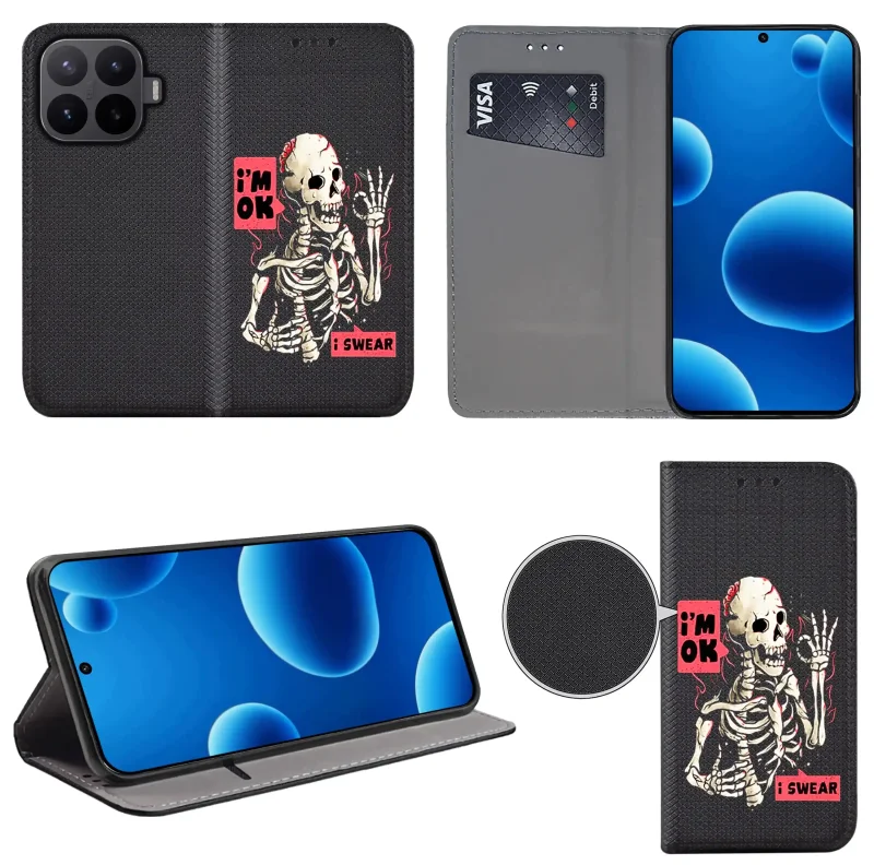 Etui książkowe do Xiaomi 17T Pro z nadrukiem szkieletu, widok przodu i tyłu, kieszonka na kartę oraz funkcja podstawki