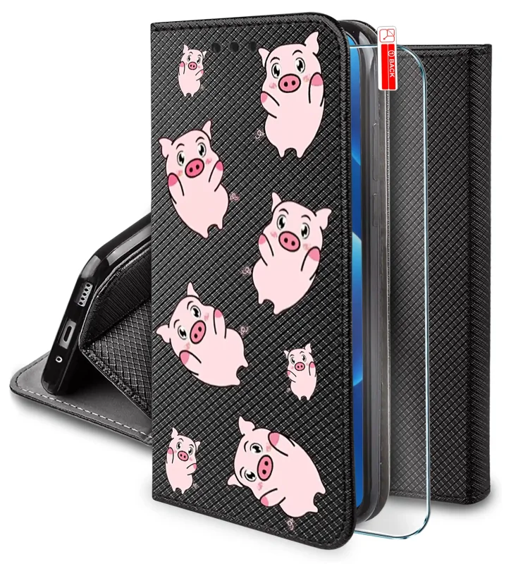 Etui z klapką do Xiaomi 17T Pro ze zwierzęcym wzorem świnek i szkłem hartowanym w zestawie