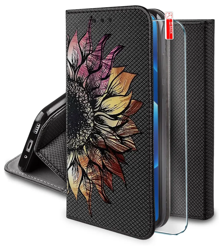 Etui z klapką do Xiaomi 17T Pro z kwiatowym wzorem słonecznika i szkłem ochronnym 9H w zestawie