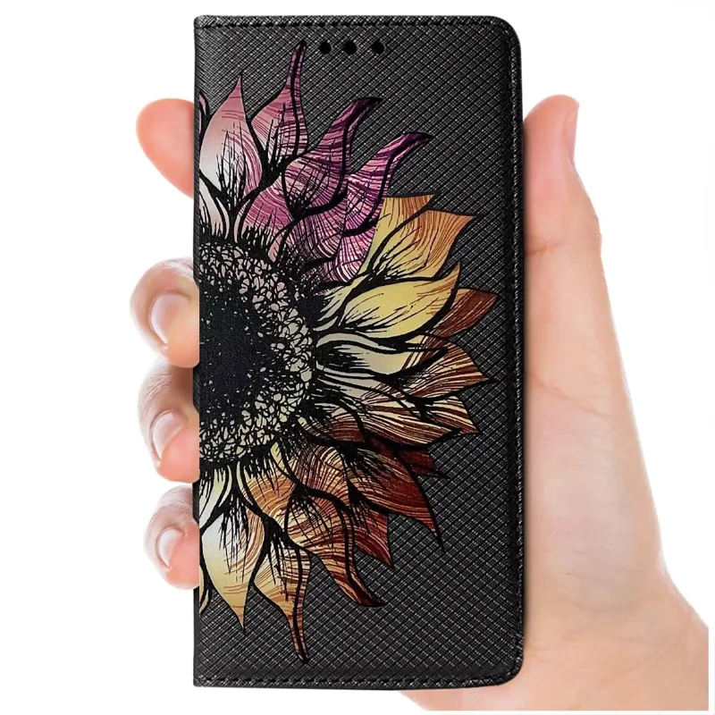 Czarne etui zamykane do Xiaomi 17T Pro z motywem kwiatka, trzymane w dłoni, wyrazisty nadruk