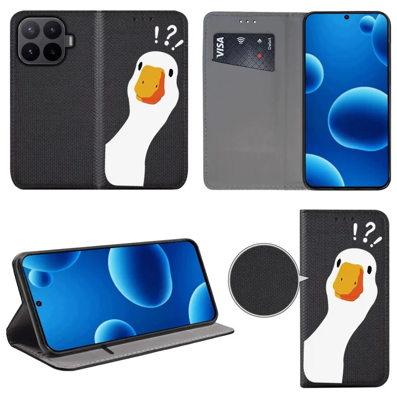Etui książkowe do Xiaomi 17T Pro z gąską, widok przodu i tyłu, kieszonka na kartę oraz funkcja podstawki
