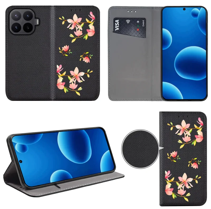 Etui książkowe do Xiaomi 17T Pro z kobiecym wzorem, widok przodu i tyłu, kieszonka na kartę oraz funkcja podstawki