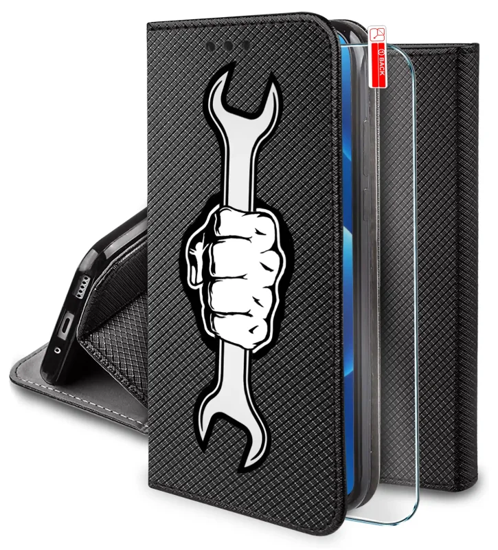 Etui z klapką do Xiaomi 17T Pro z męskim wzorem klucza warsztatowego i szkłem w zestawie