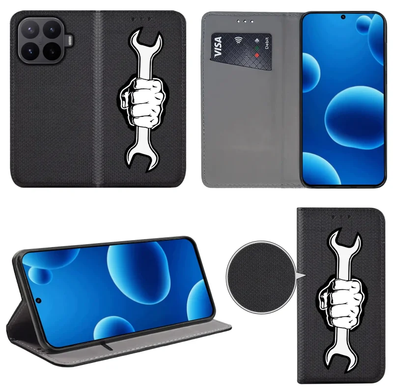 Etui książkowe do Xiaomi 17T Pro z męskim wzorem, widok przodu i tyłu, kieszonka na kartę oraz funkcja podstawki