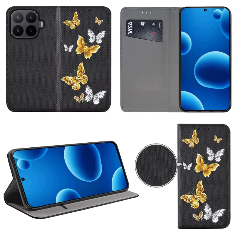 Etui książkowe do Xiaomi 17T Pro z kolorowym wzorem, widok przodu i tyłu, kieszonka na kartę oraz funkcja podstawki