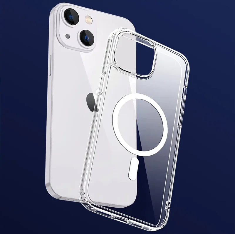 Etui bezbarwne MagSafe do iPhone 13 / 14 z wycięciem na aparat i białym pierścieniem magnetycznym