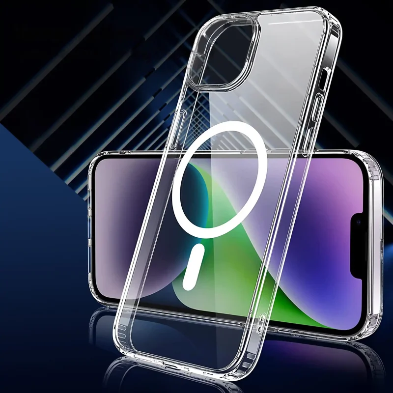 Przezroczyste etui MagSafe do iPhone 13 / 14 z podwyższonymi krawędziami i magnetycznym pierścieniem