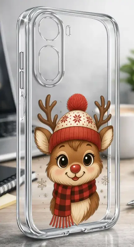 Etui świąteczne do Xiaomi Redmi A7 Pro z kolorowym reniferem w zimowej czapce i szaliku na przezroczystym tle