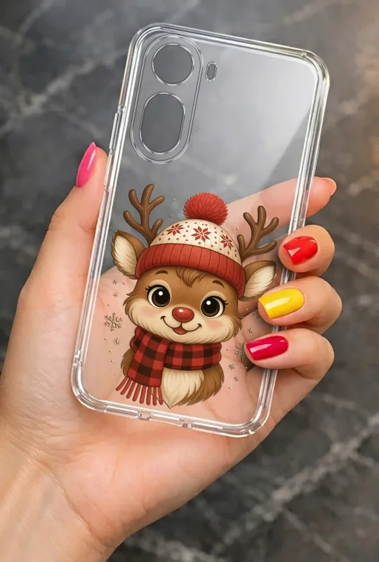 Przezroczyste etui do Xiaomi Redmi A7 Pro ze świątecznym motywem renifera w czapce i szaliku trzymane w dłoni