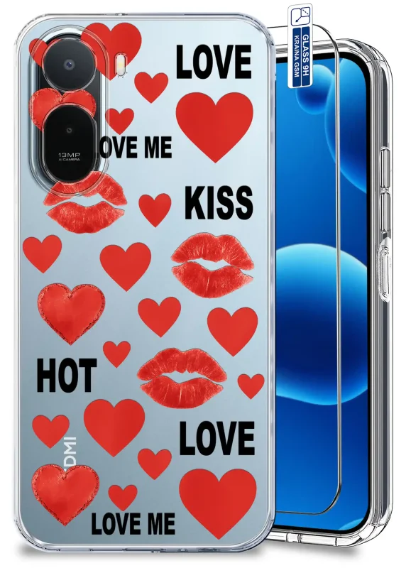 Przezroczyste etui walentynkowe do Xiaomi Redmi A7 Pro z czerwonymi sercami, ustami i napisami LOVE oraz szkłem hartowanym 9H w zestawie
